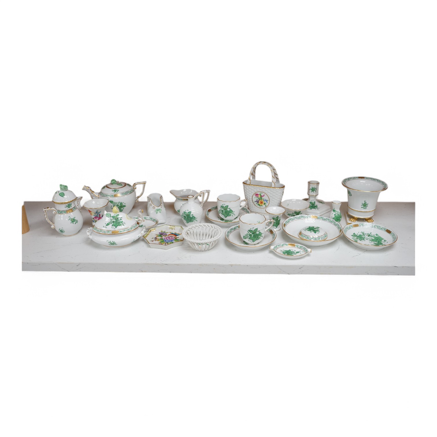 A collection of small items of Herend china: including eight items of a tea for two, a tureen and cover, a vase and various ticket dishes, baskets etc, coffee pot 13cm high. Condition - good